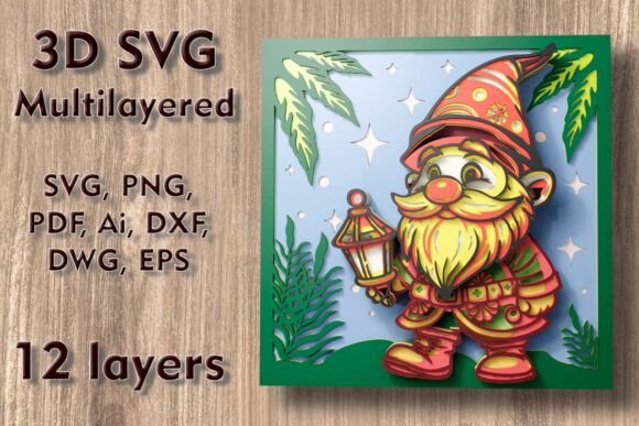 3D Christmas Gnome Lantern SVG